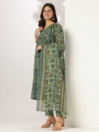 Janasya Dark Cotton Floral A-Line Kurta Set