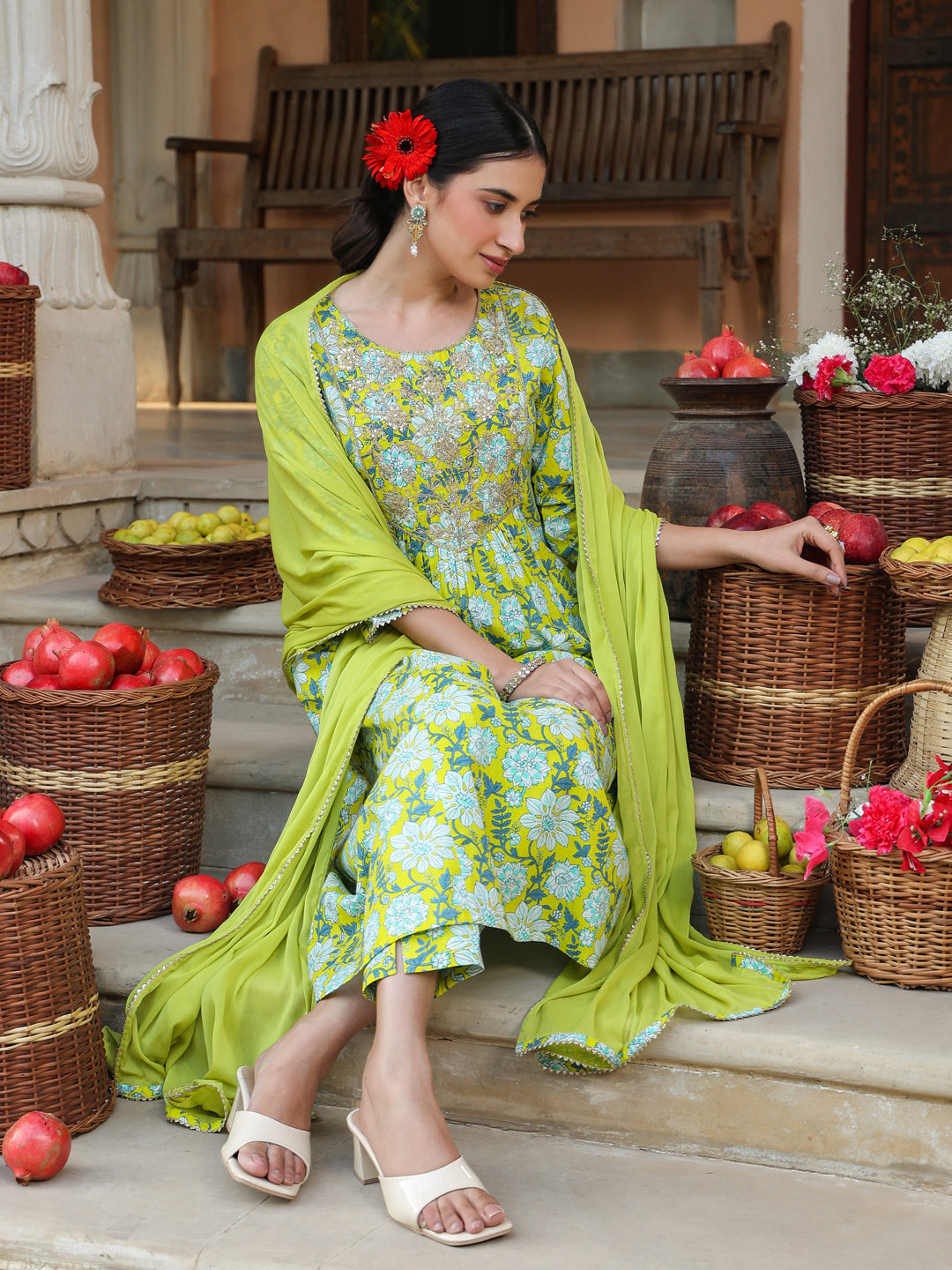 Janasya Bright Cotton Floral A-Line Kurta Set - Distacart