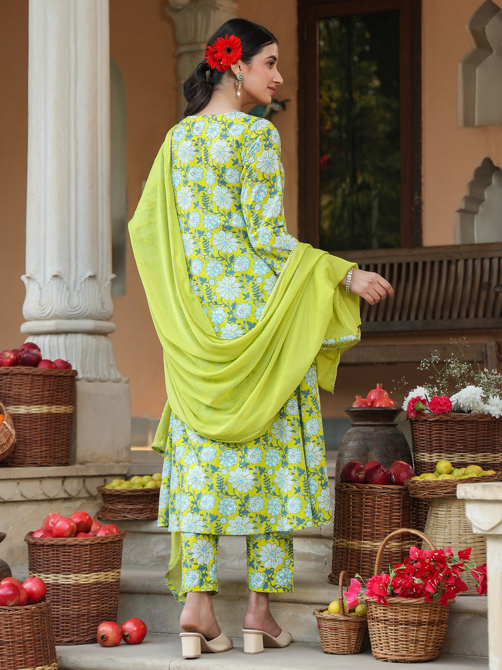 Janasya Bright Cotton Floral A-Line Kurta Set - Distacart