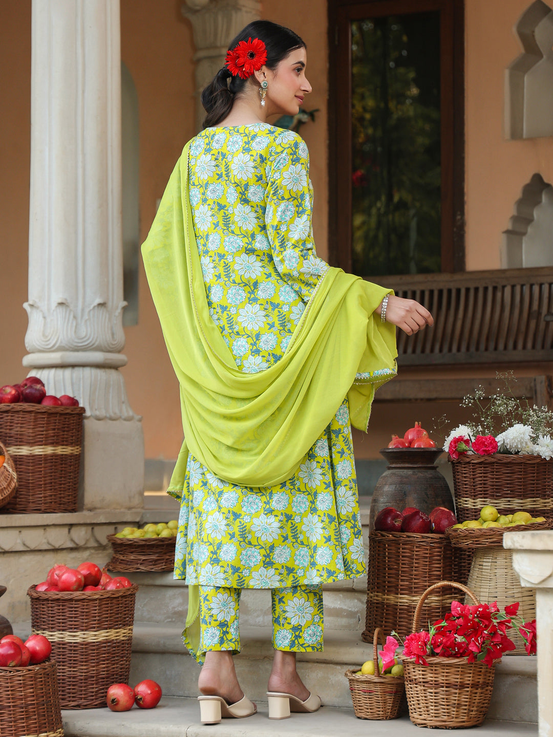Janasya Bright Cotton Floral A-Line Kurta Set - Distacart