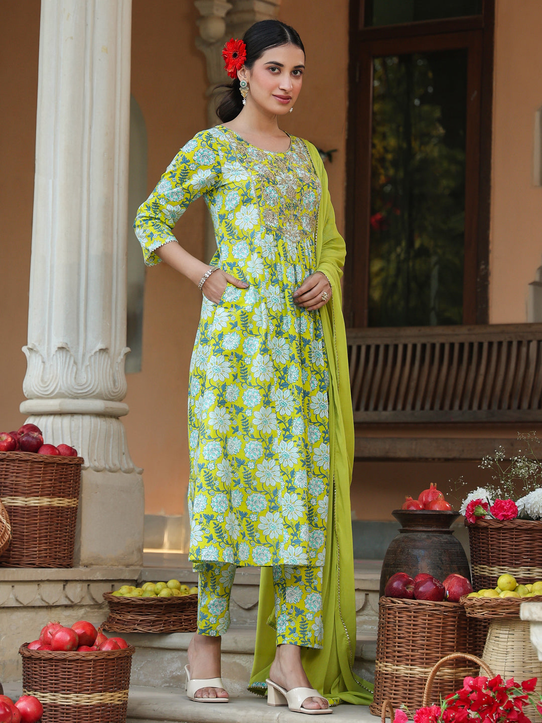 Janasya Bright Cotton Floral A-Line Kurta Set - Distacart