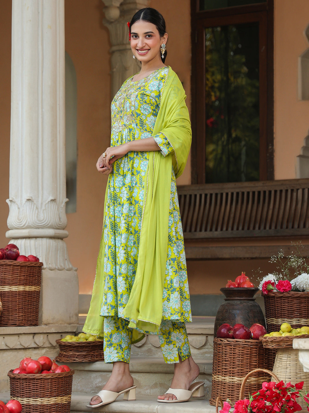 Janasya Bright Cotton Floral A-Line Kurta Set - Distacart