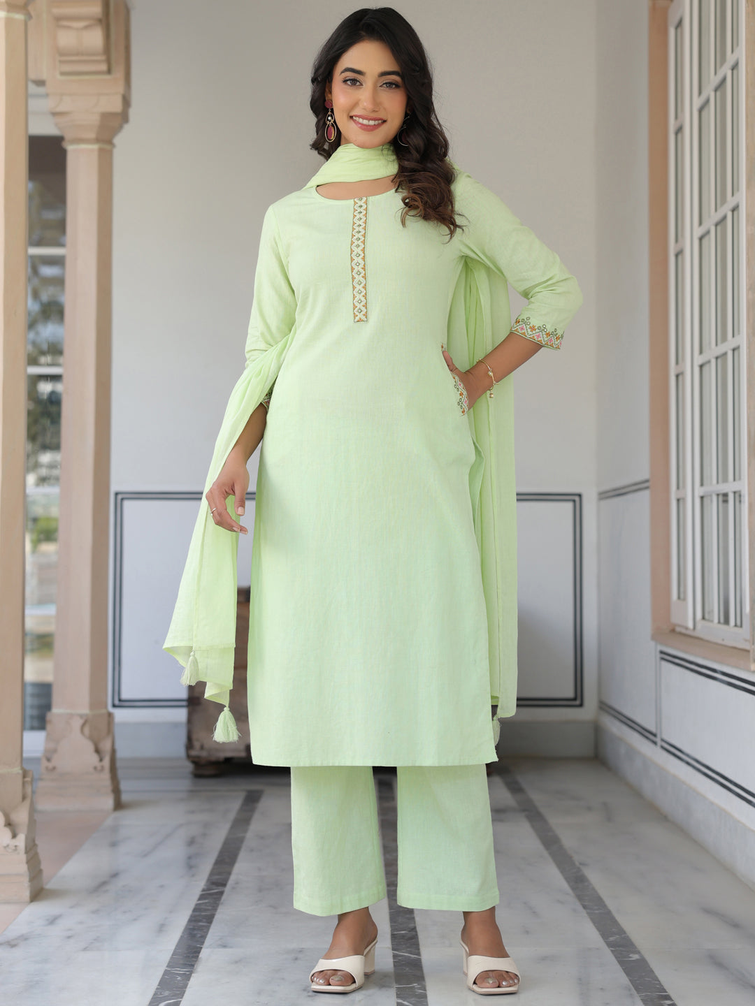 Janasya Light Cotton Self Design Straight Kurta Set - Distacart