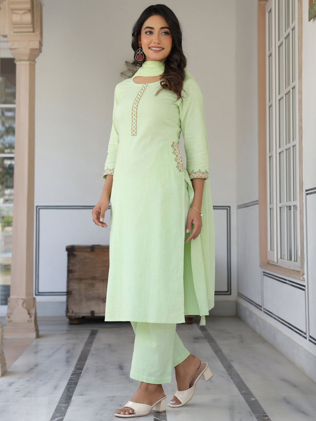 Janasya Light Cotton Self Design Straight Kurta Set - Distacart