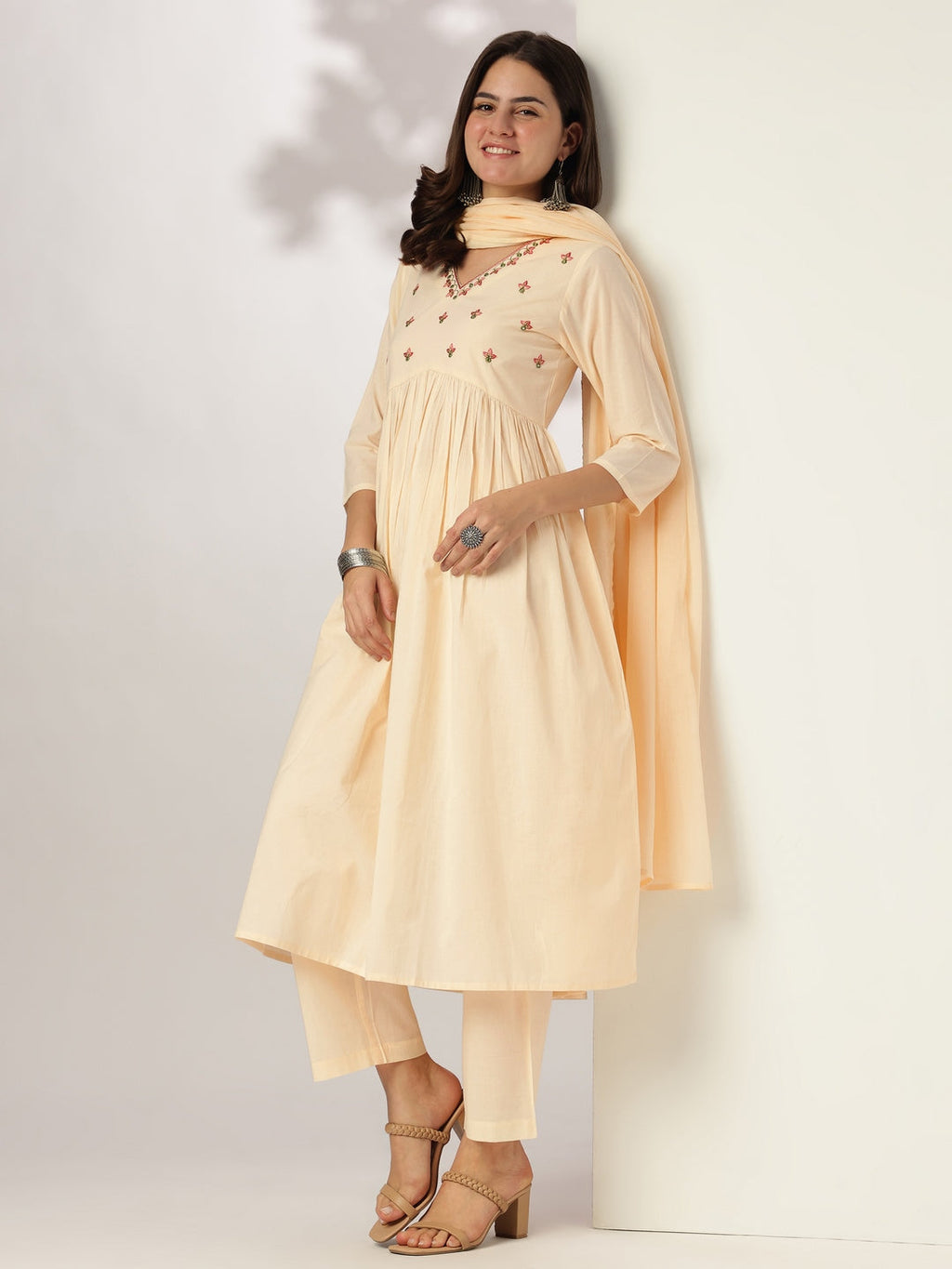 Janasya Light Cotton Yoke Embroidery A-Line Kurta Set - Distacart