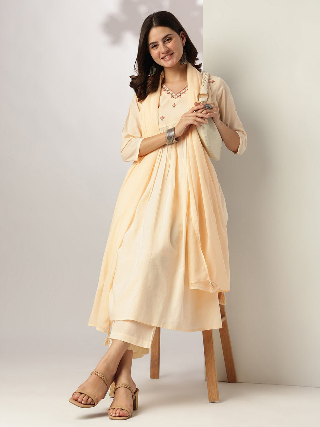 Janasya Light Cotton Yoke Embroidery A-Line Kurta Set - Distacart