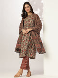 Janasya Dark Cotton Floral A-Line Kurta Set - Distacart