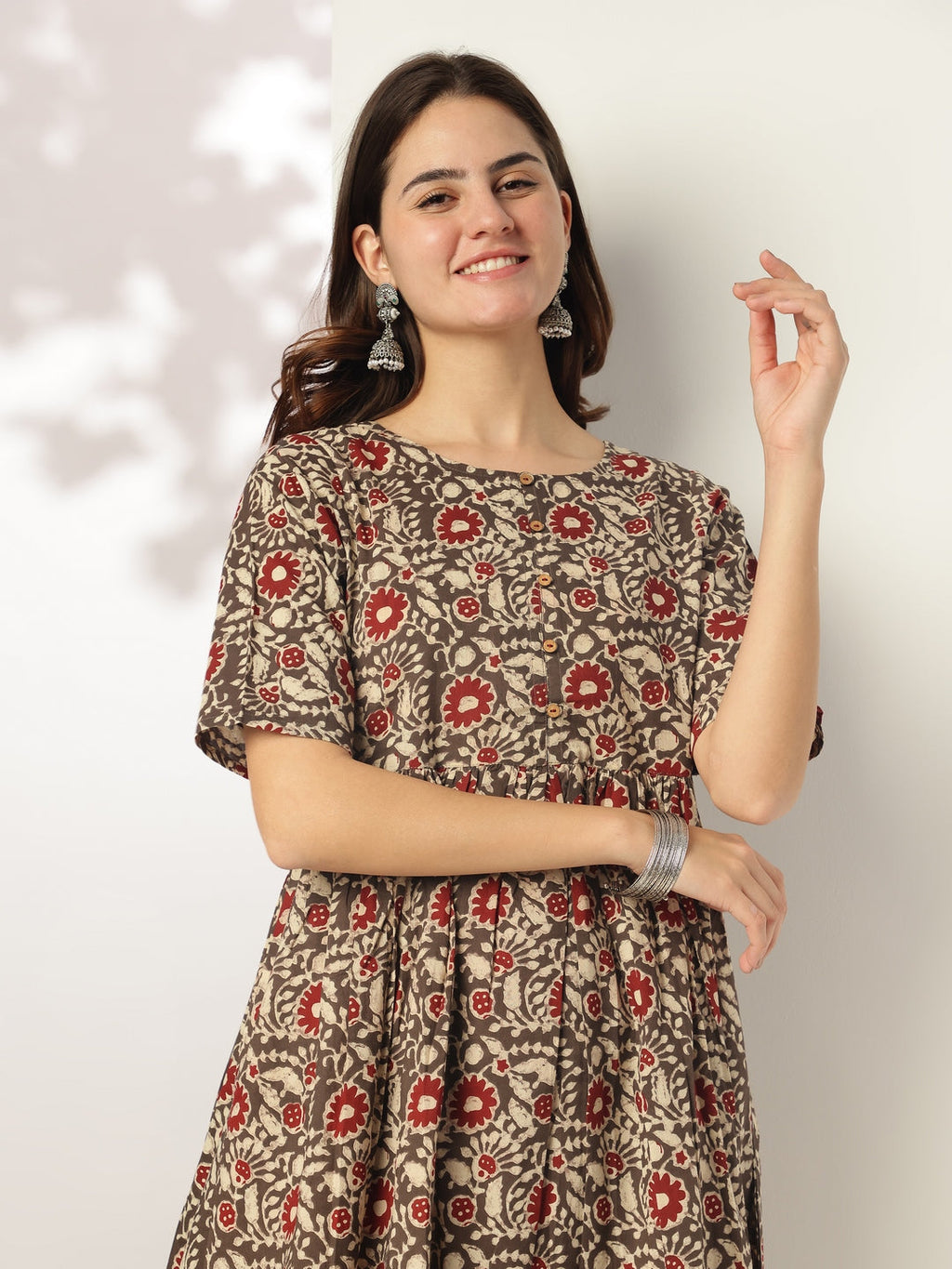 Janasya Dark Cotton Floral A-Line Kurta Set - Distacart