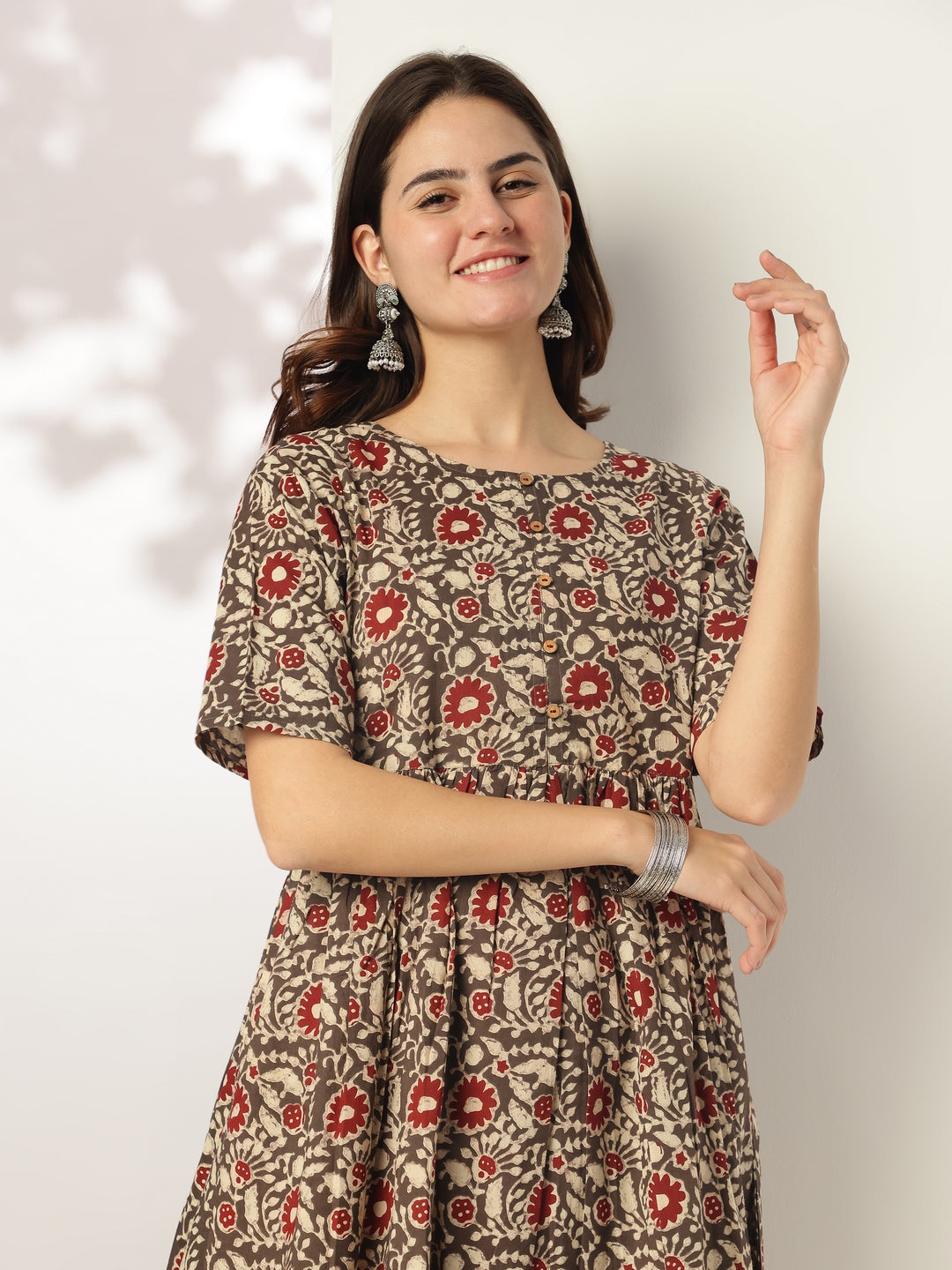 Janasya Dark Cotton Floral A-Line Kurta Set - Distacart