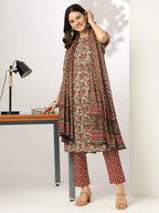 Janasya Dark Cotton Floral A-Line Kurta Set - Distacart