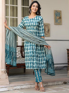 Janasya Dark Cotton Abstract A-Line Kurta Set - Distacart