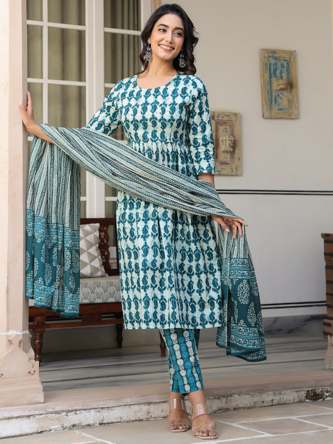 Janasya Dark Cotton Abstract A-Line Kurta Set - Distacart