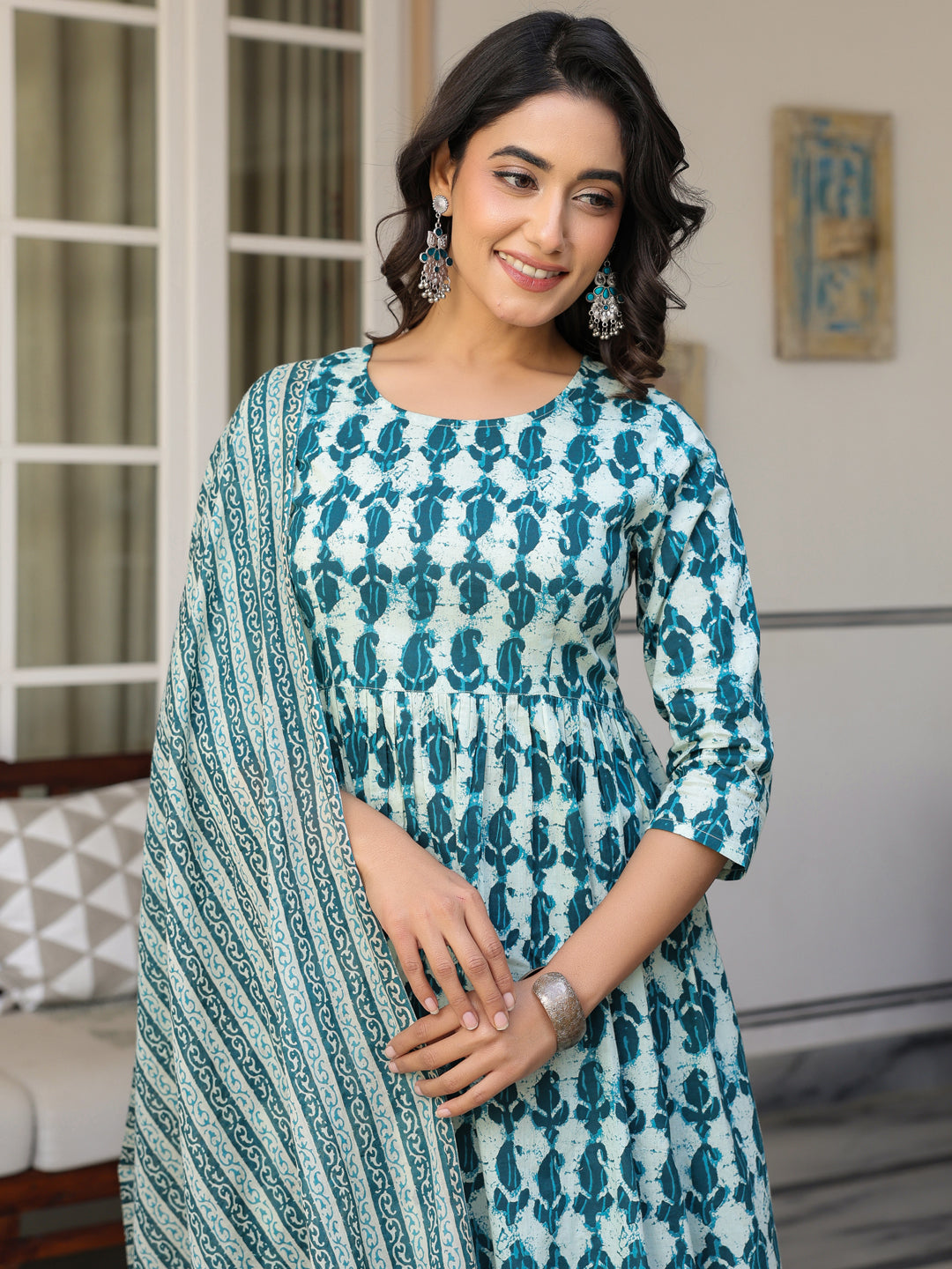 Janasya Dark Cotton Abstract A-Line Kurta Set - Distacart