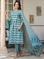 Janasya Dark Cotton Abstract A-Line Kurta Set - Distacart