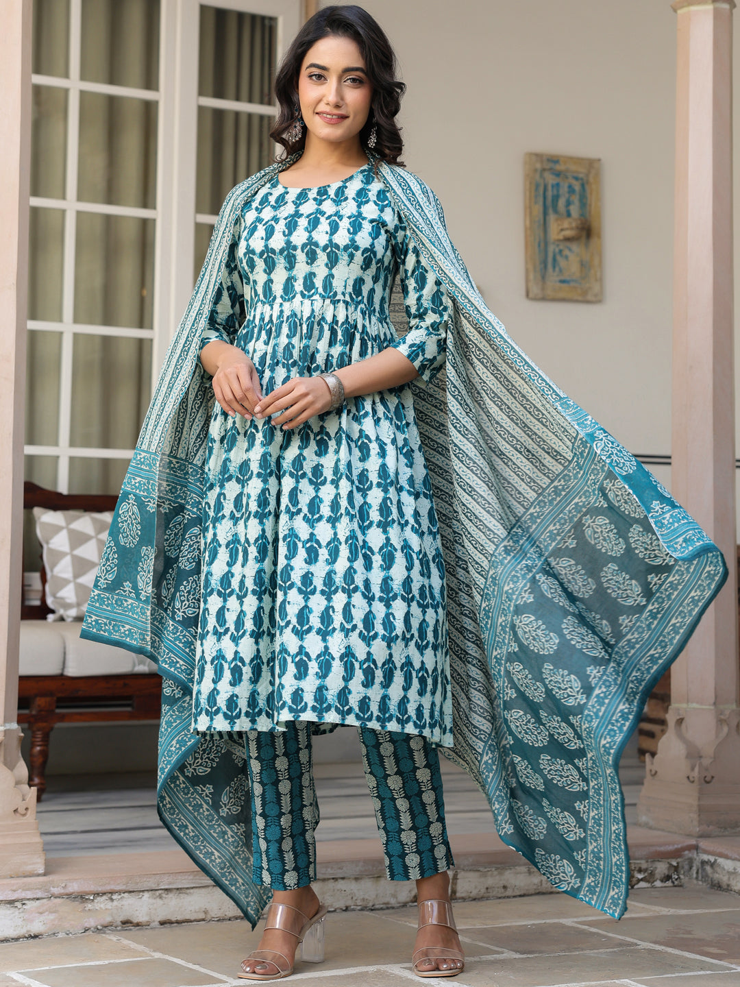 Janasya Dark Cotton Abstract A-Line Kurta Set - Distacart