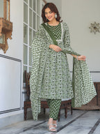Janasya Dark Cotton Floral A-Line Kurta Set - Distacart