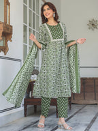 Janasya Dark Cotton Floral A-Line Kurta Set - Distacart