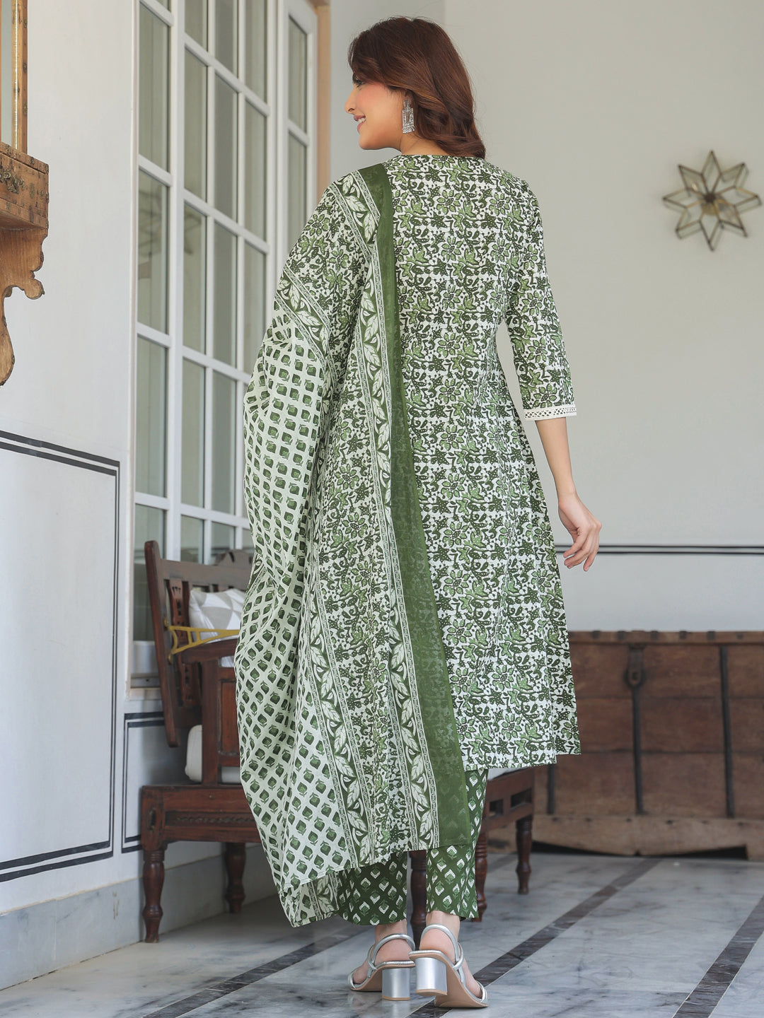 Janasya Dark Cotton Floral A-Line Kurta Set - Distacart