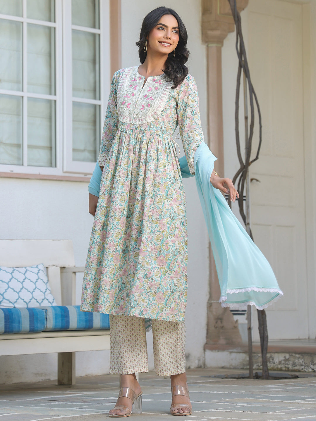 Janasya Light Cotton Yoke Embroidery A-Line Kurta Set - Distacart
