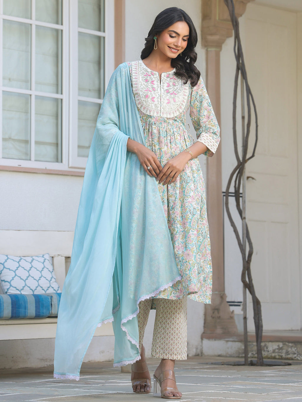 Janasya Light Cotton Yoke Embroidery A-Line Kurta Set - Distacart