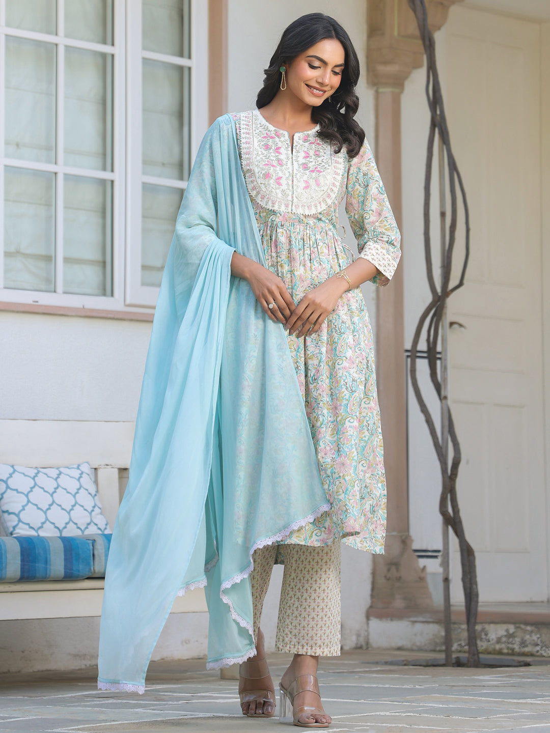 Janasya Light Cotton Yoke Embroidery A-Line Kurta Set - Distacart