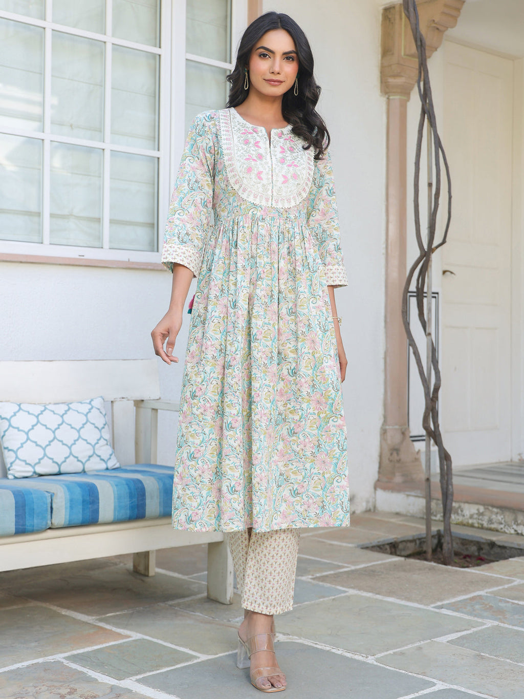 Janasya Light Cotton Yoke Embroidery A-Line Kurta Set - Distacart