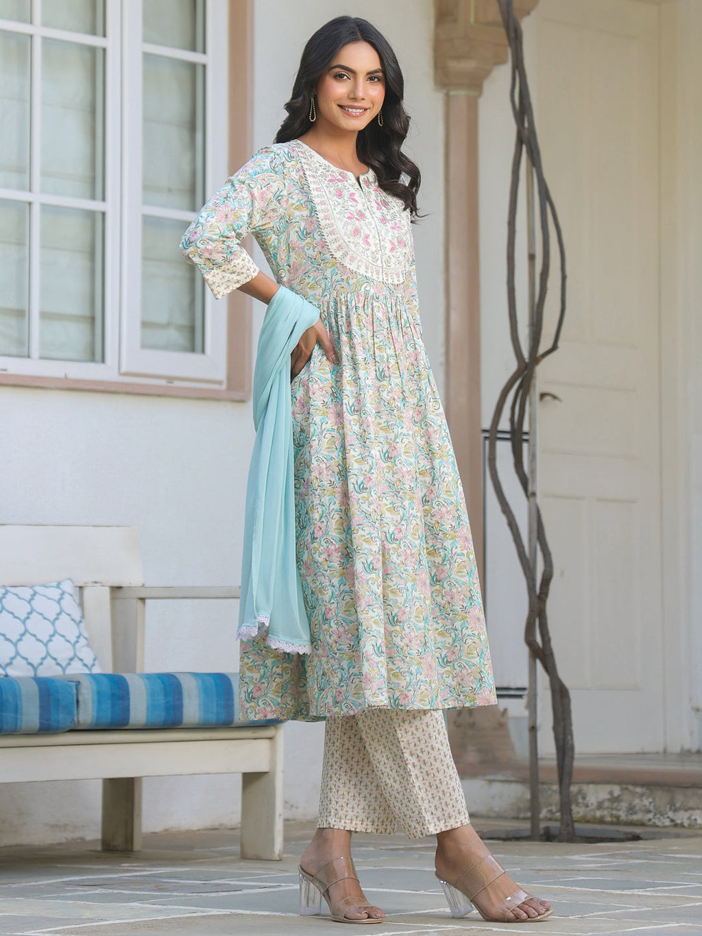 Janasya Light Cotton Yoke Embroidery A-Line Kurta Set - Distacart