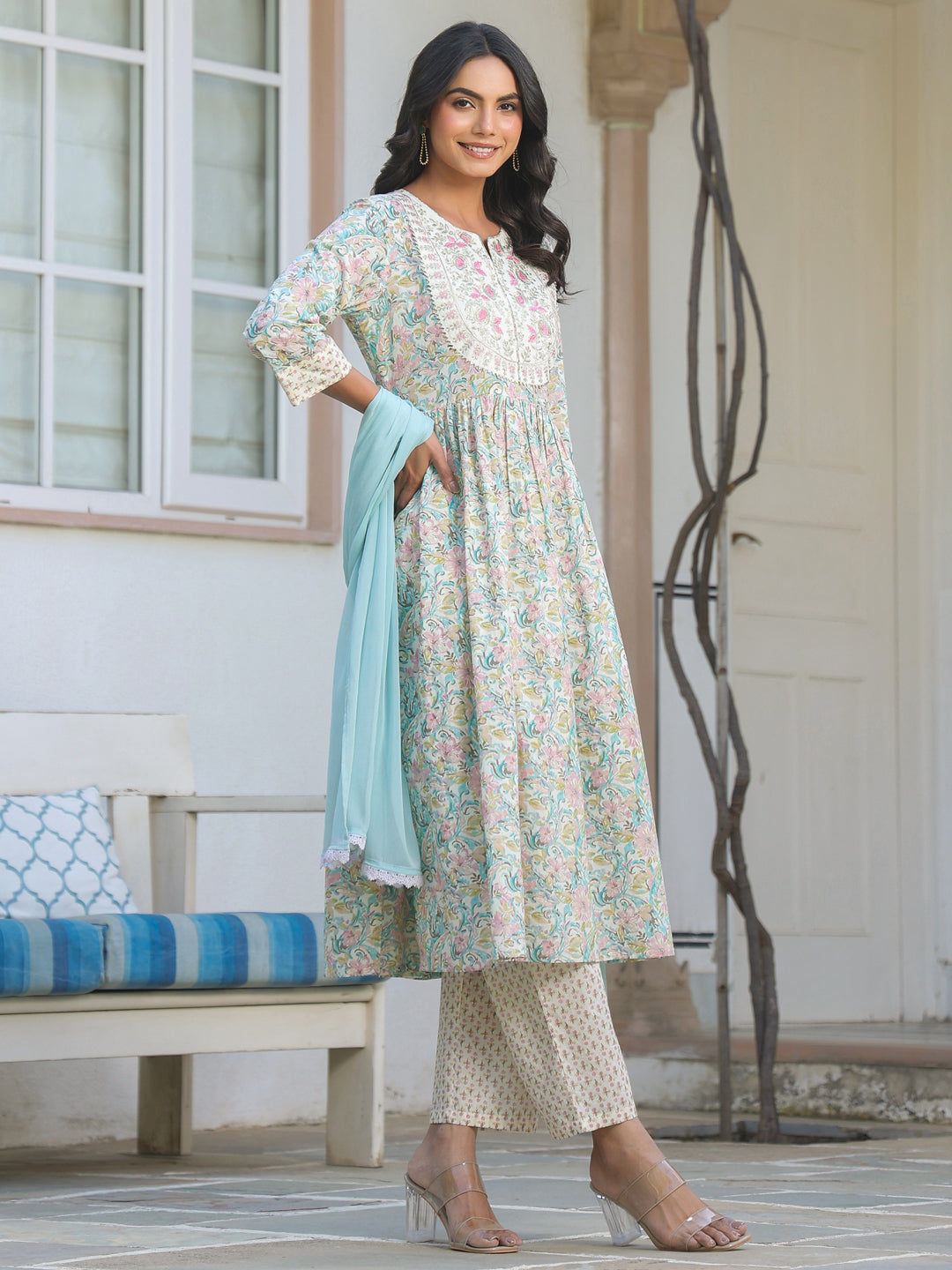 Janasya Light Cotton Yoke Embroidery A-Line Kurta Set - Distacart