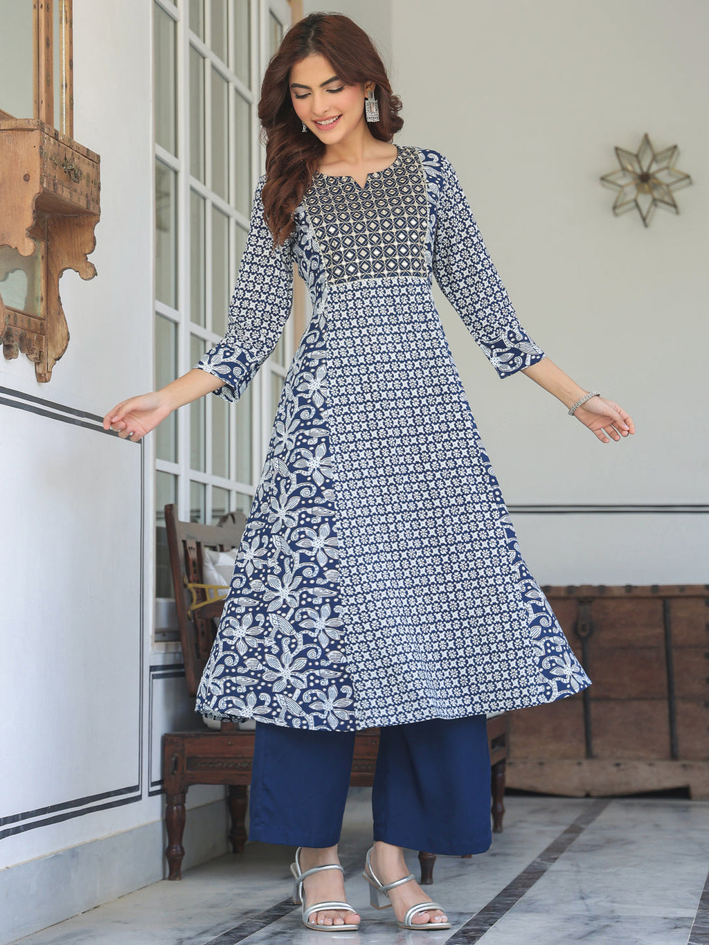 Janasya Dark Rayon Floral A-Line Kurta Set - Distacart