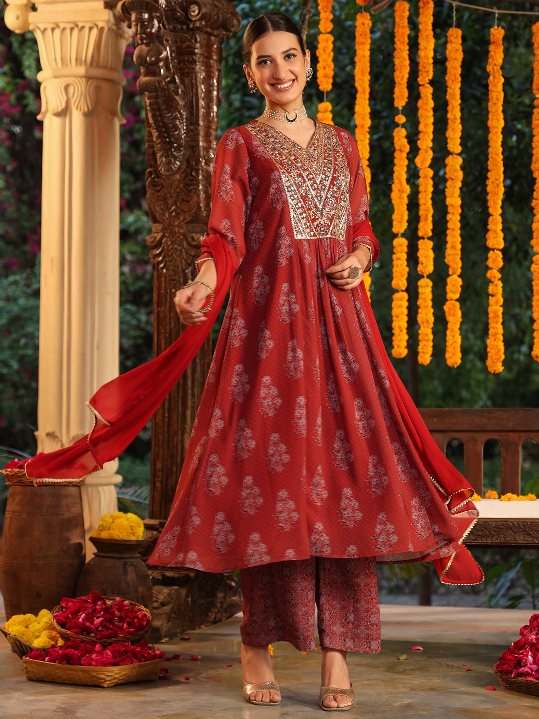 Janasya Dark Georgette Yoke Embroidery A-Line Kurta Set - Distacart
