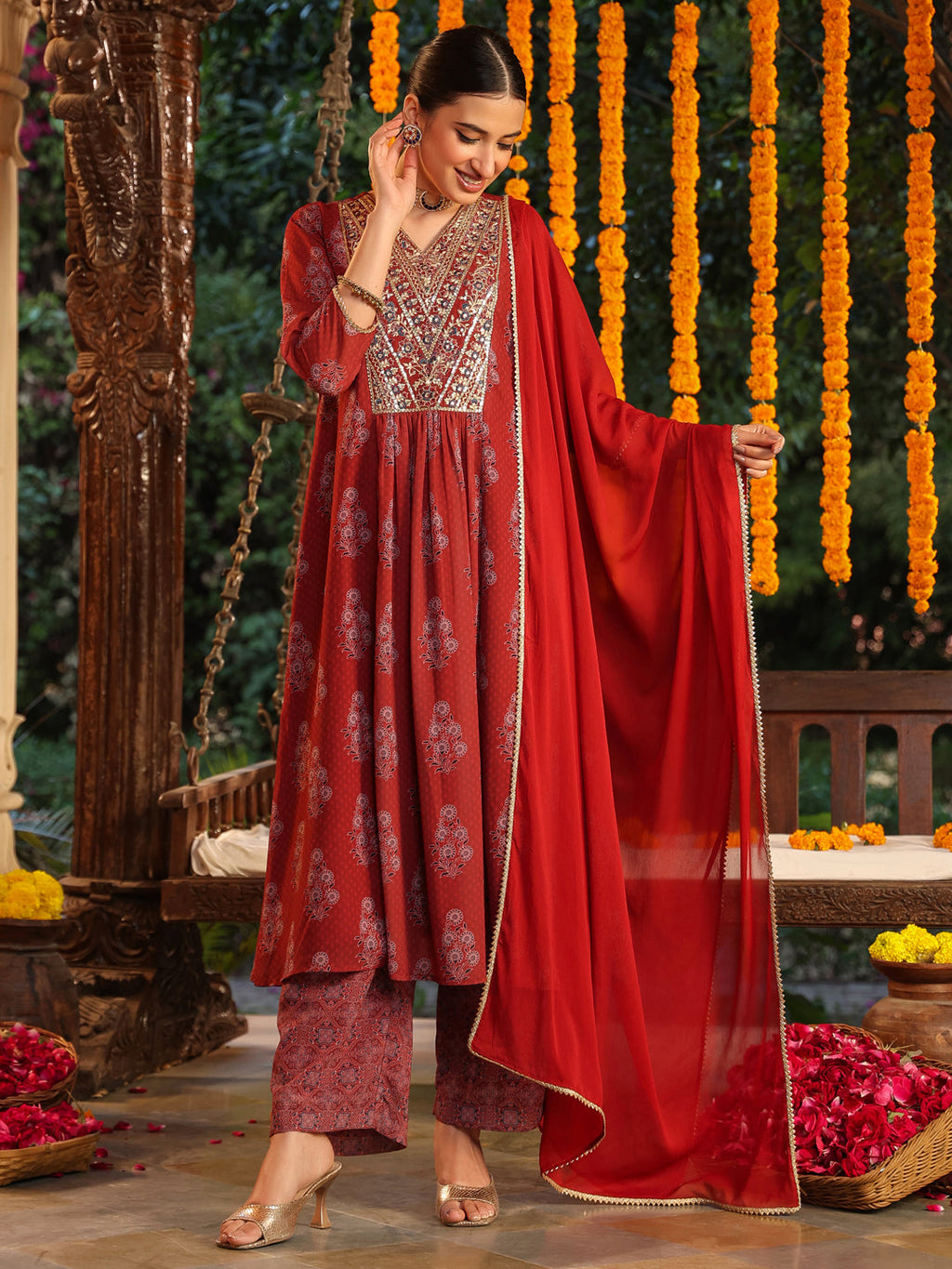 Janasya Dark Georgette Yoke Embroidery A-Line Kurta Set - Distacart