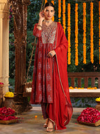 Janasya Dark Georgette Yoke Embroidery A-Line Kurta Set - Distacart