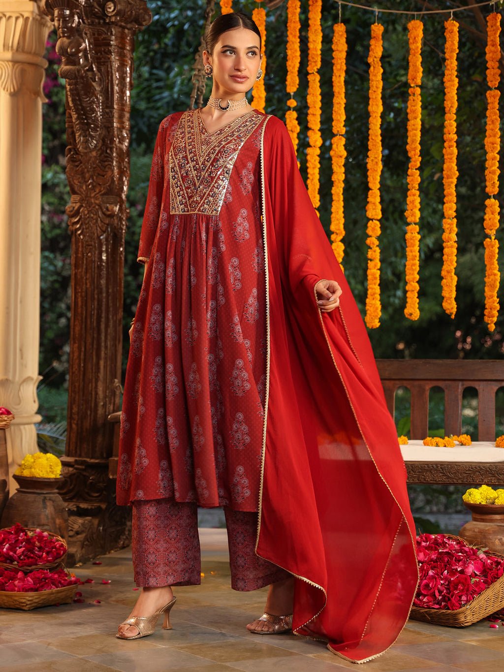 Janasya Dark Georgette Yoke Embroidery A-Line Kurta Set - Distacart