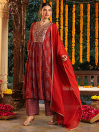 Janasya Dark Georgette Yoke Embroidery A-Line Kurta Set - Distacart