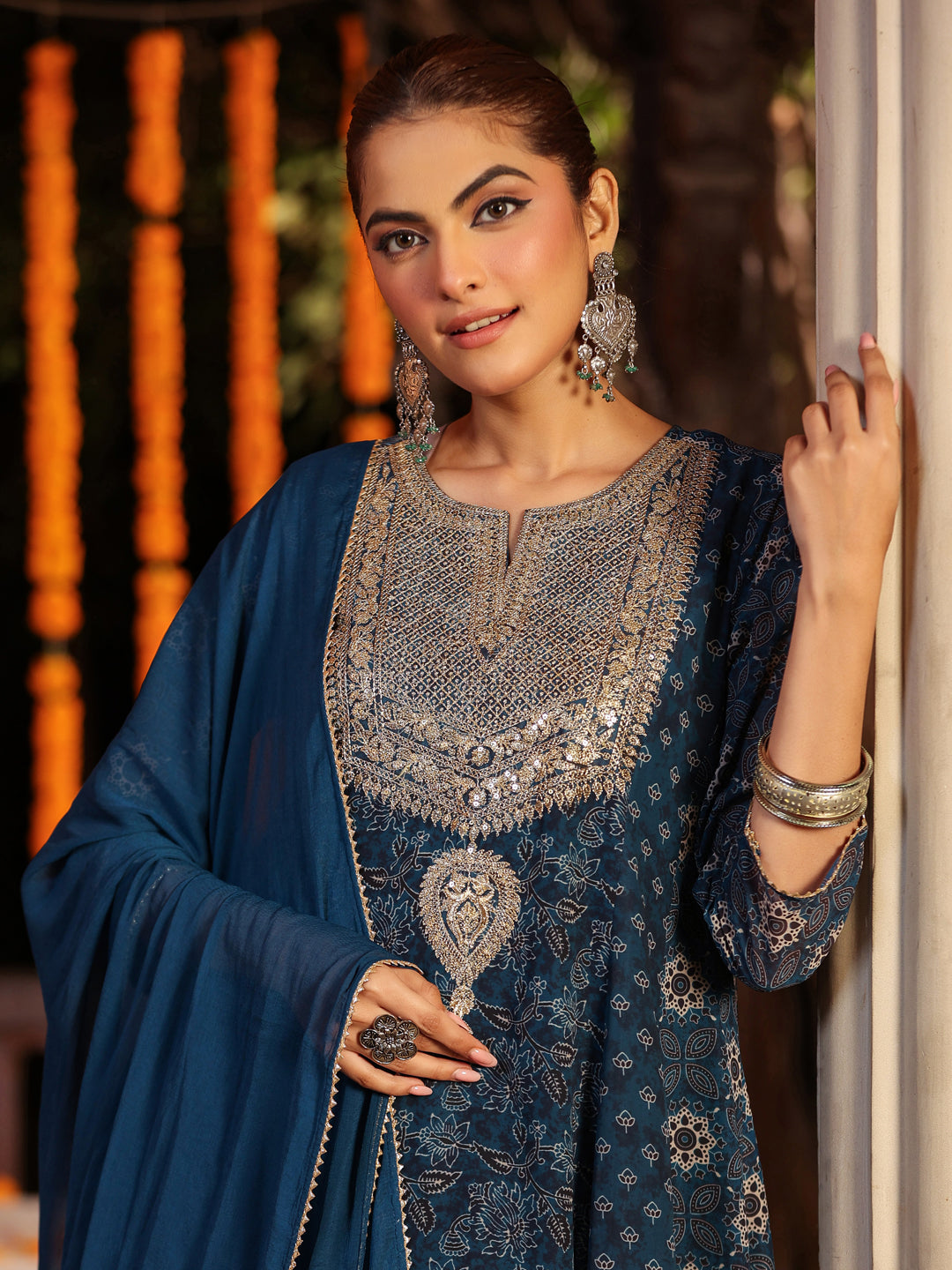 Janasya Dark Georgette Ajrakh Anarkali Kurta Set - Distacart