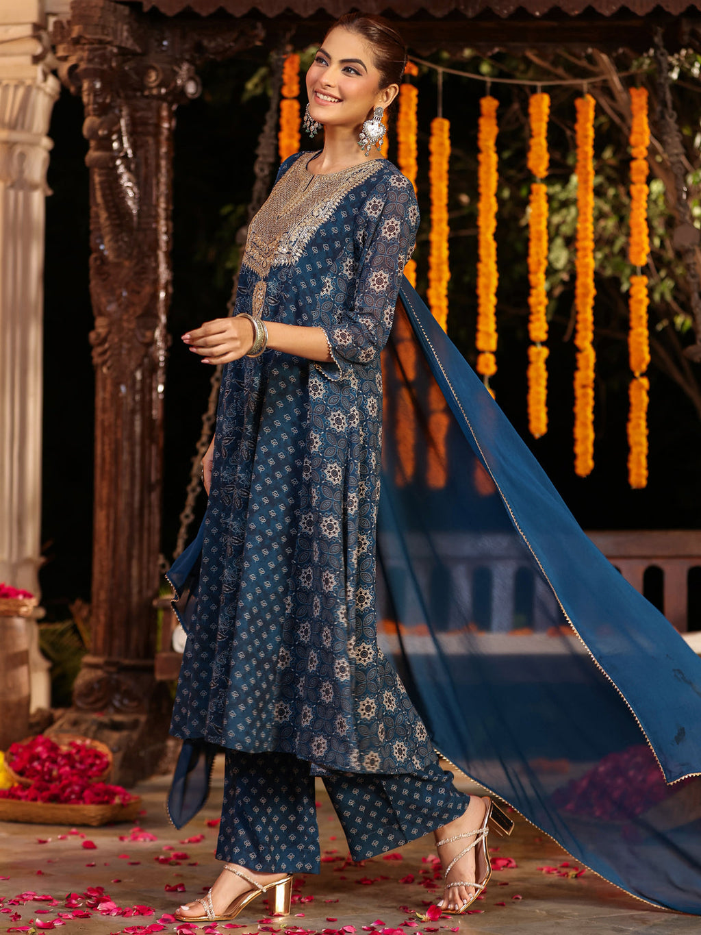 Janasya Dark Georgette Ajrakh Anarkali Kurta Set - Distacart