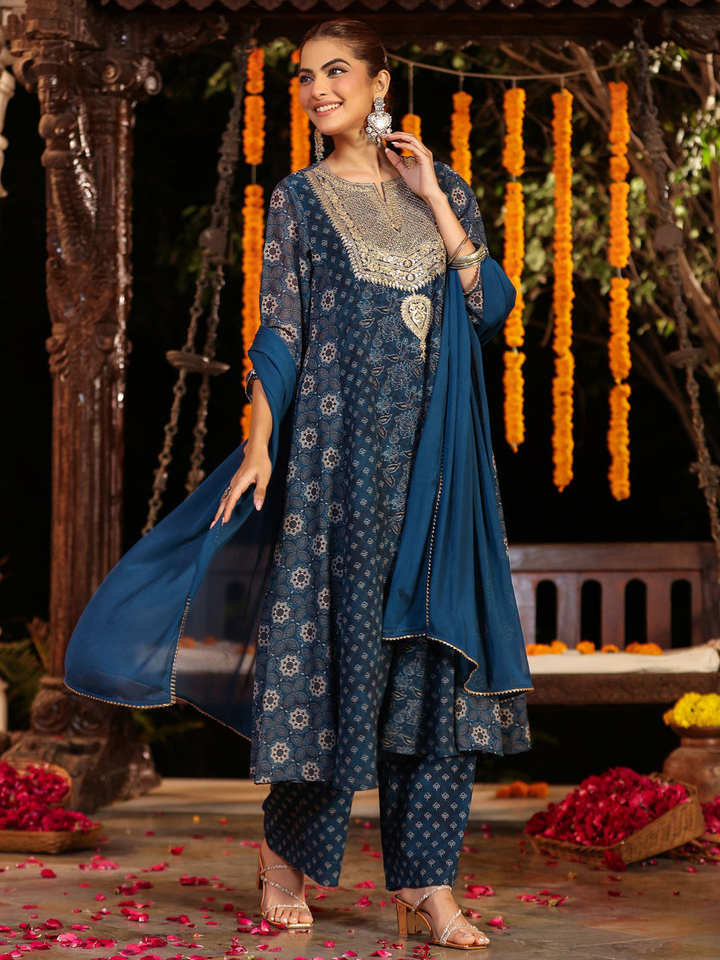 Janasya Dark Georgette Ajrakh Anarkali Kurta Set - Distacart
