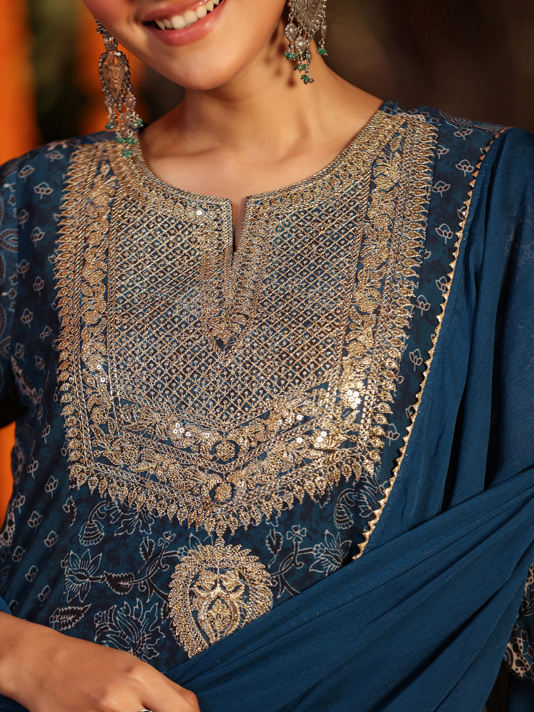 Janasya Dark Georgette Ajrakh Anarkali Kurta Set - Distacart