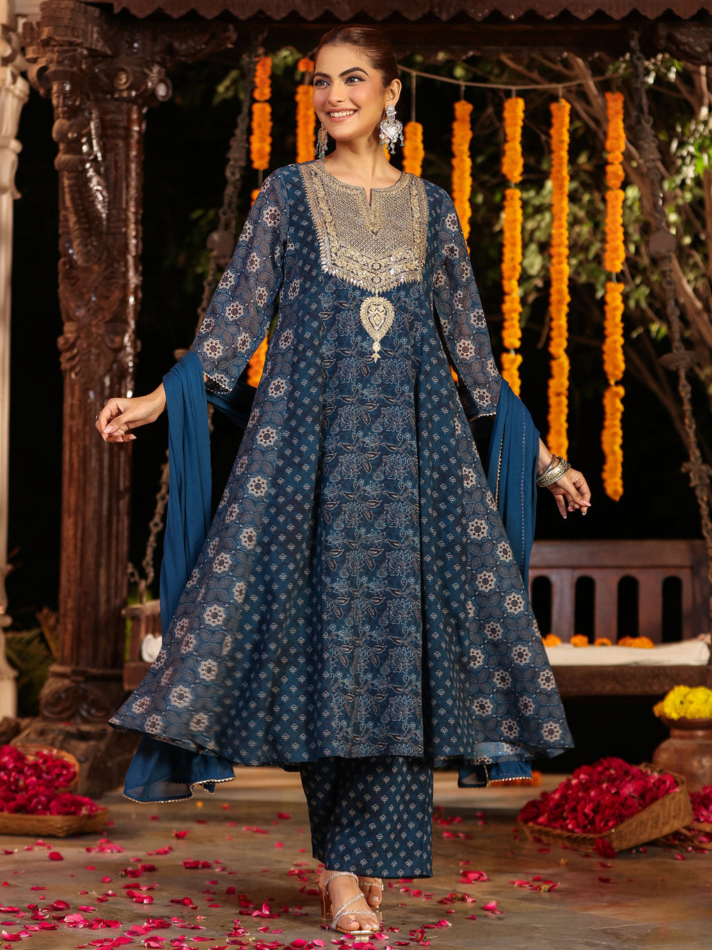Janasya Dark Georgette Ajrakh Anarkali Kurta Set - Distacart