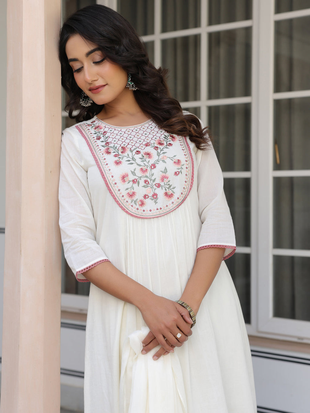 Janasya Light Cotton Yoke Embroidery A-Line Kurta Set