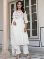 Janasya Light Cotton Yoke Embroidery A-Line Kurta Set