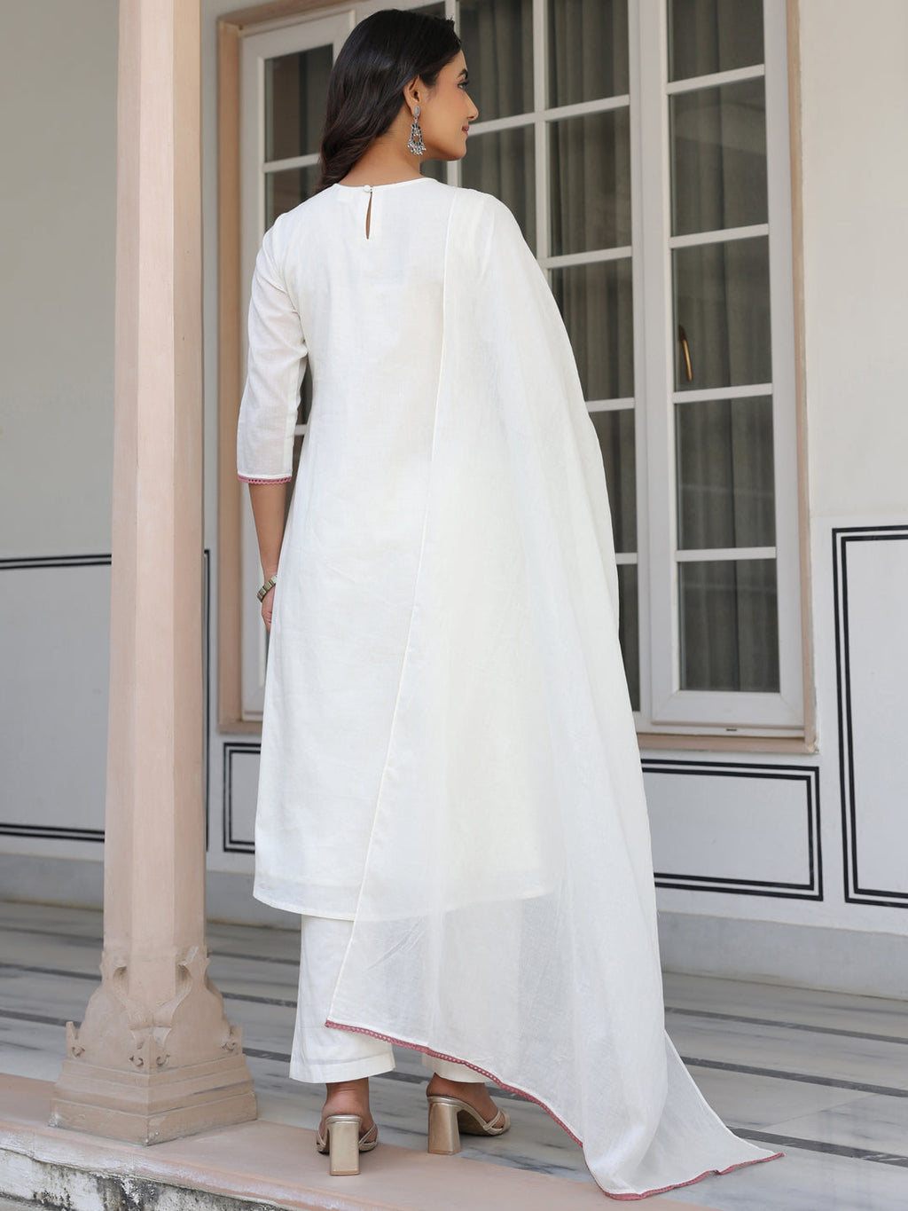 Janasya Light Cotton Yoke Embroidery A-Line Kurta Set
