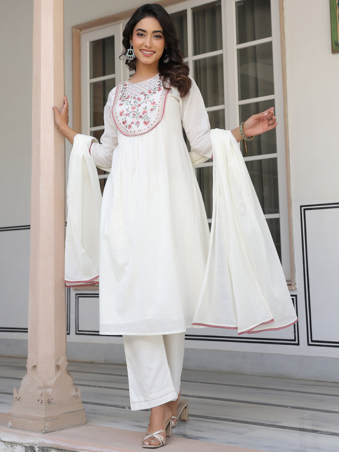 Janasya Light Cotton Yoke Embroidery A-Line Kurta Set