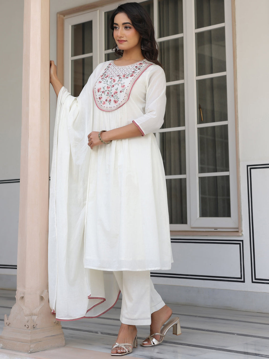 Janasya Light Cotton Yoke Embroidery A-Line Kurta Set