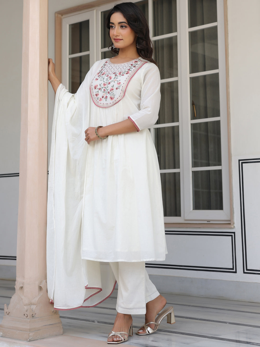 Janasya Light Cotton Yoke Embroidery A-Line Kurta Set