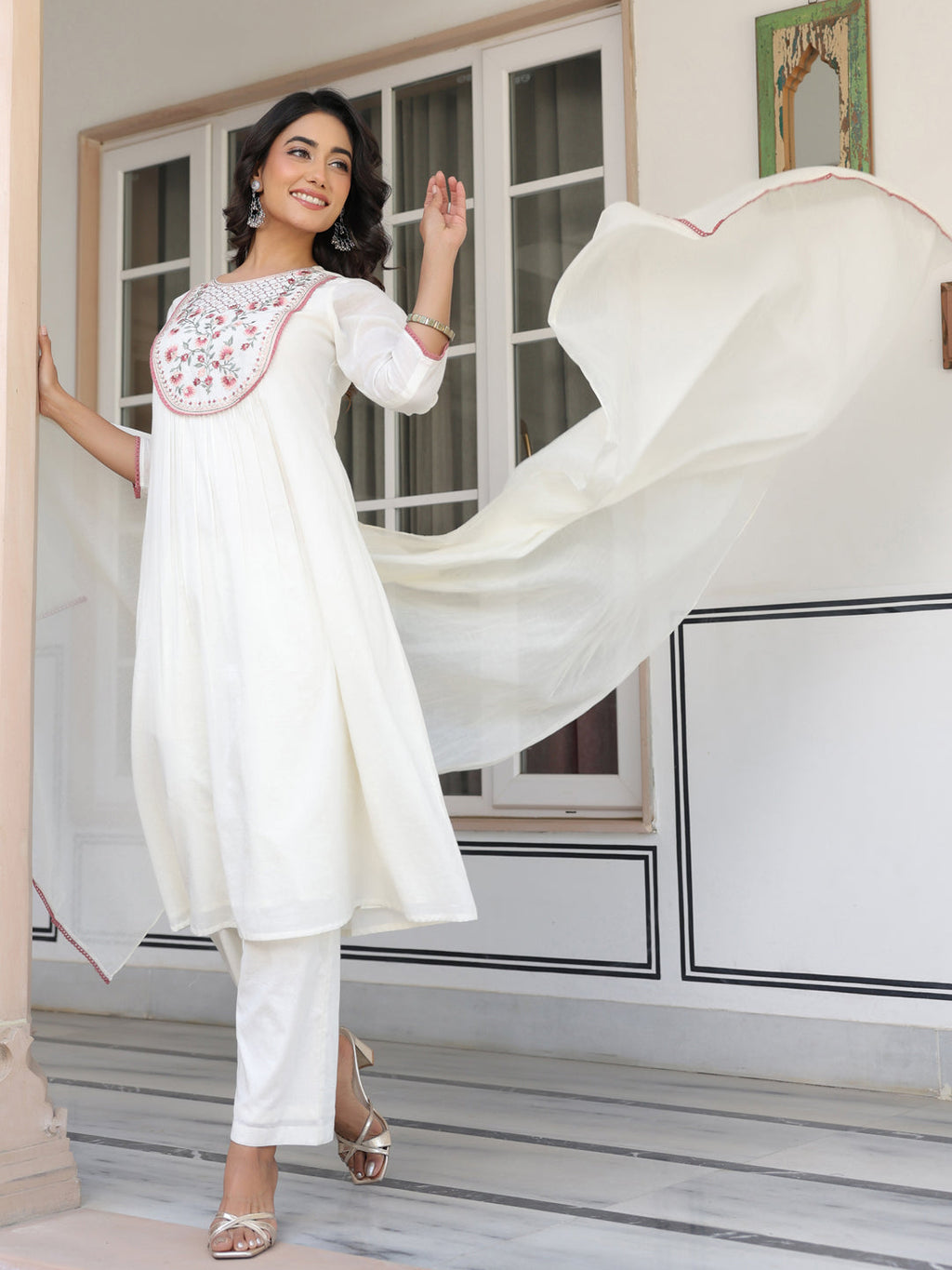 Janasya Light Cotton Yoke Embroidery A-Line Kurta Set