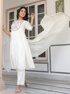 Janasya Light Cotton Yoke Embroidery A-Line Kurta Set