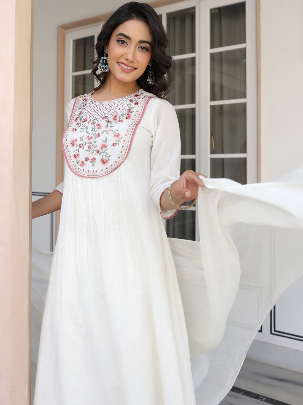 Janasya Light Cotton Yoke Embroidery A-Line Kurta Set