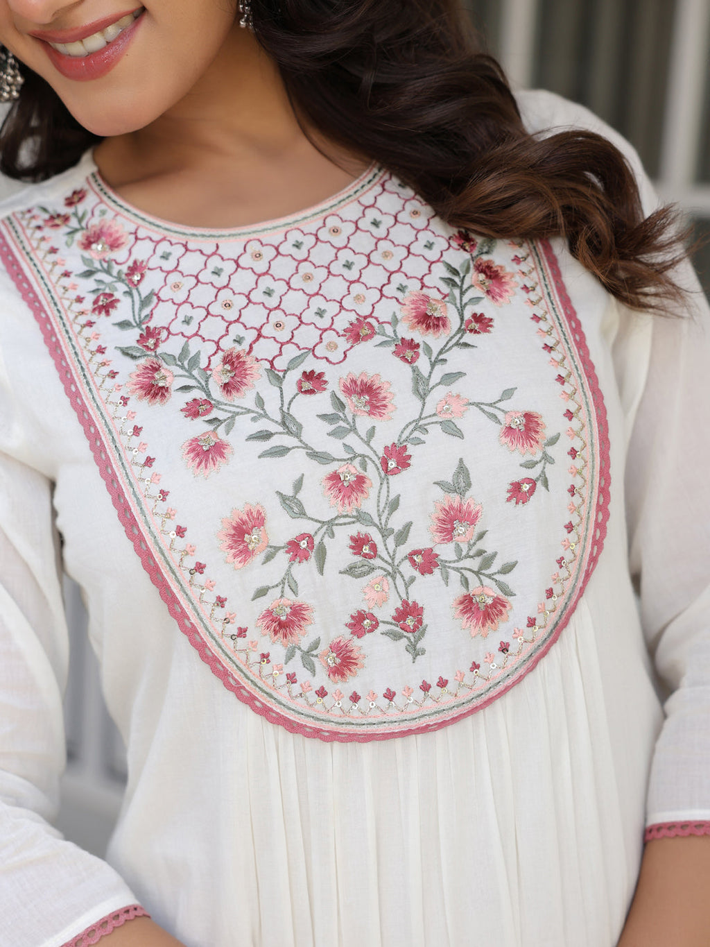 Janasya Light Cotton Yoke Embroidery A-Line Kurta Set