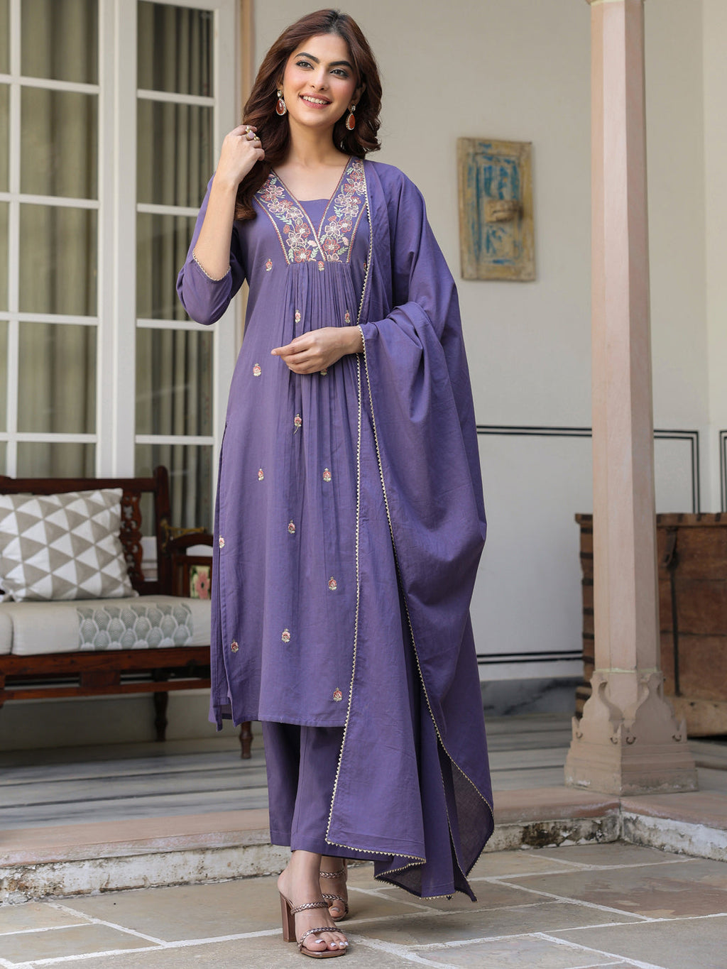 Janasya Dark Cotton Embroidered A-Line Kurta Set - Distacart